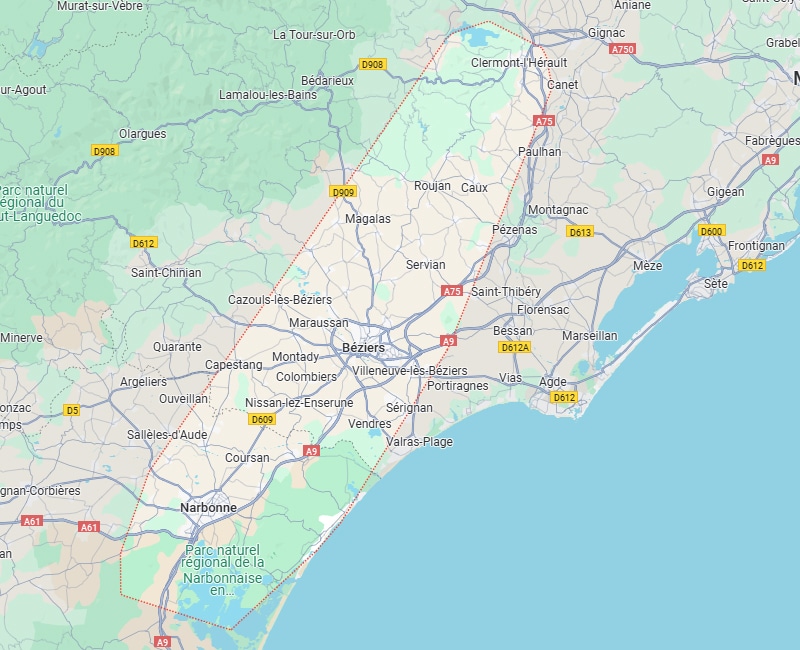 Carte routière Occitanie, Hérault et Aude, avec les villes de Béziers, Narbonne, Agde et Sète. Une zone est délimitée. Autoroutes A9, A75, A61.