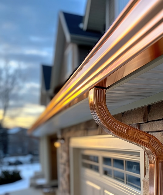Gouttières en cuivre brillant et descente pluviale décorative sur une maison en pierre au coucher du soleil, hivernal.