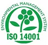 Logo ISO 14001 vert pour système de management environnemental. Il présente une fleur stylisée et l'inscription 'ENVIRONMENTAL MANAGEMENT SYSTEM'.