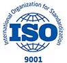 Logo de certification ISO 9001 bleu : les lettres 'ISO' devant un globe, encerclées par 'International Organization for Standardization'. Symbole de management qualité.